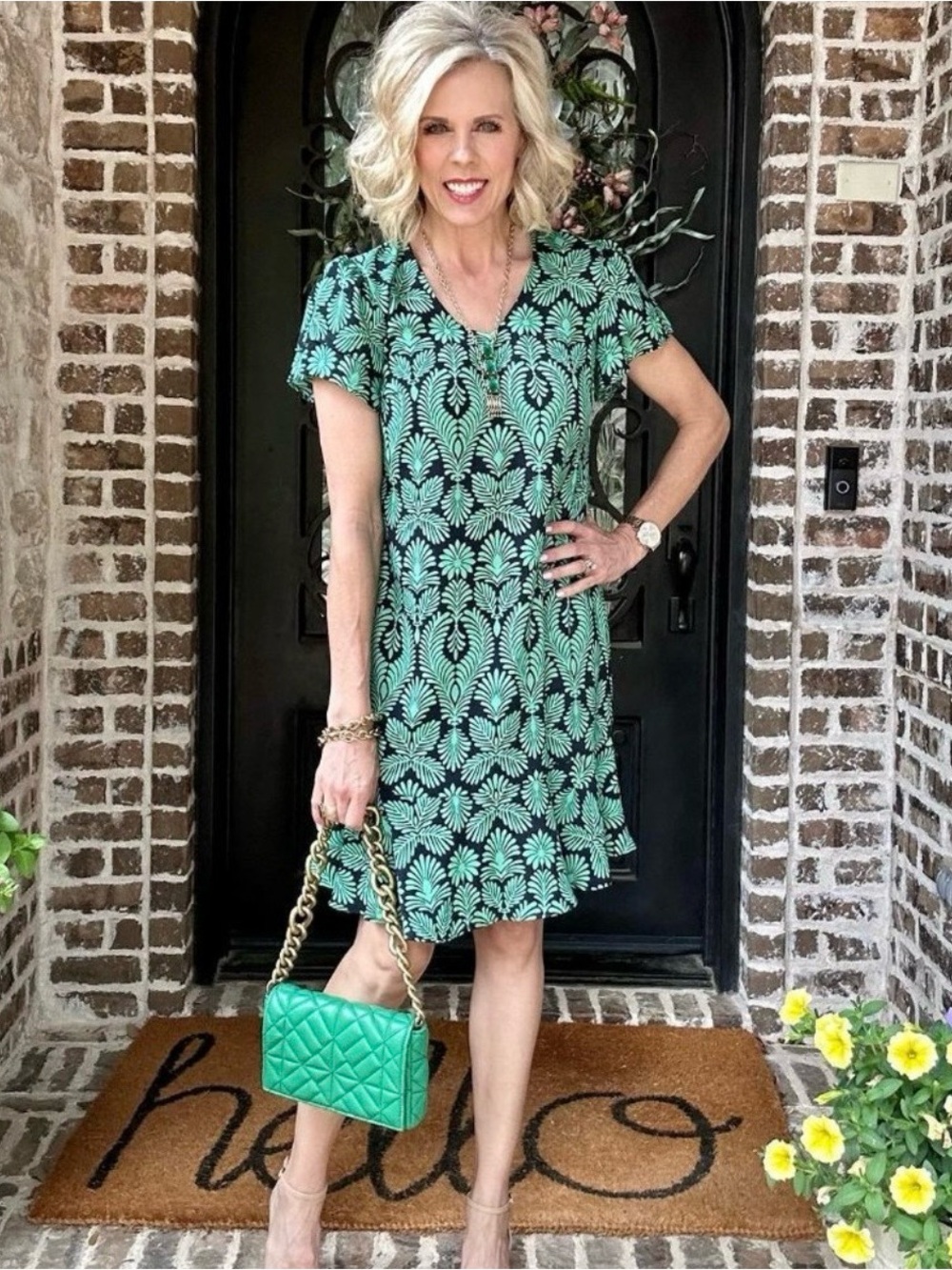 CAbi Palmette Green and Black Patterned Short Sleeve Dress